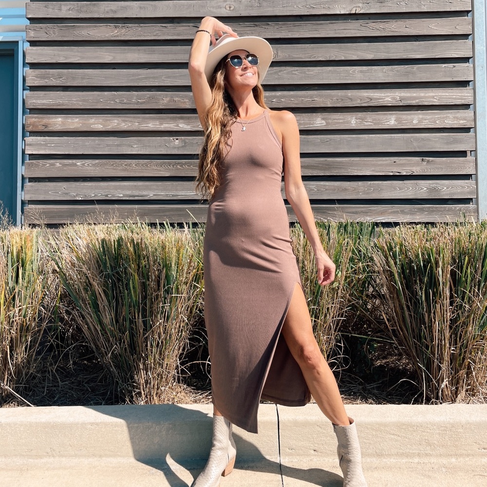 Taupe (acorn) midi dress with side slit, size small